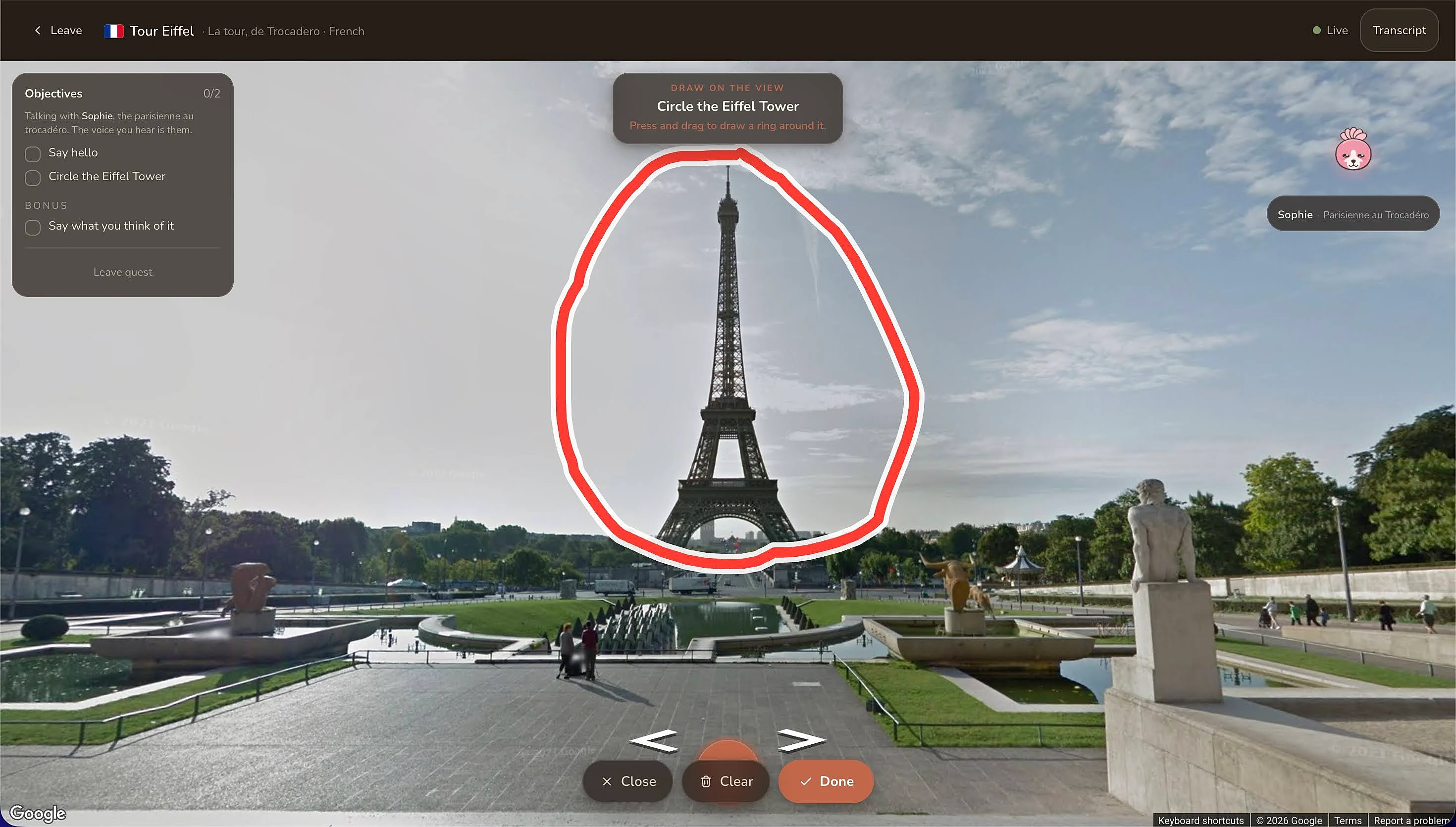 A hand-drawn ring around the Eiffel Tower from Trocadero, with the draw tool open